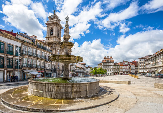 GUIMARAES, PORTUGAL - JUNE 16, 2016: Toural Square (Largo do Toural), in the city center of Guimaraes, Portugal.