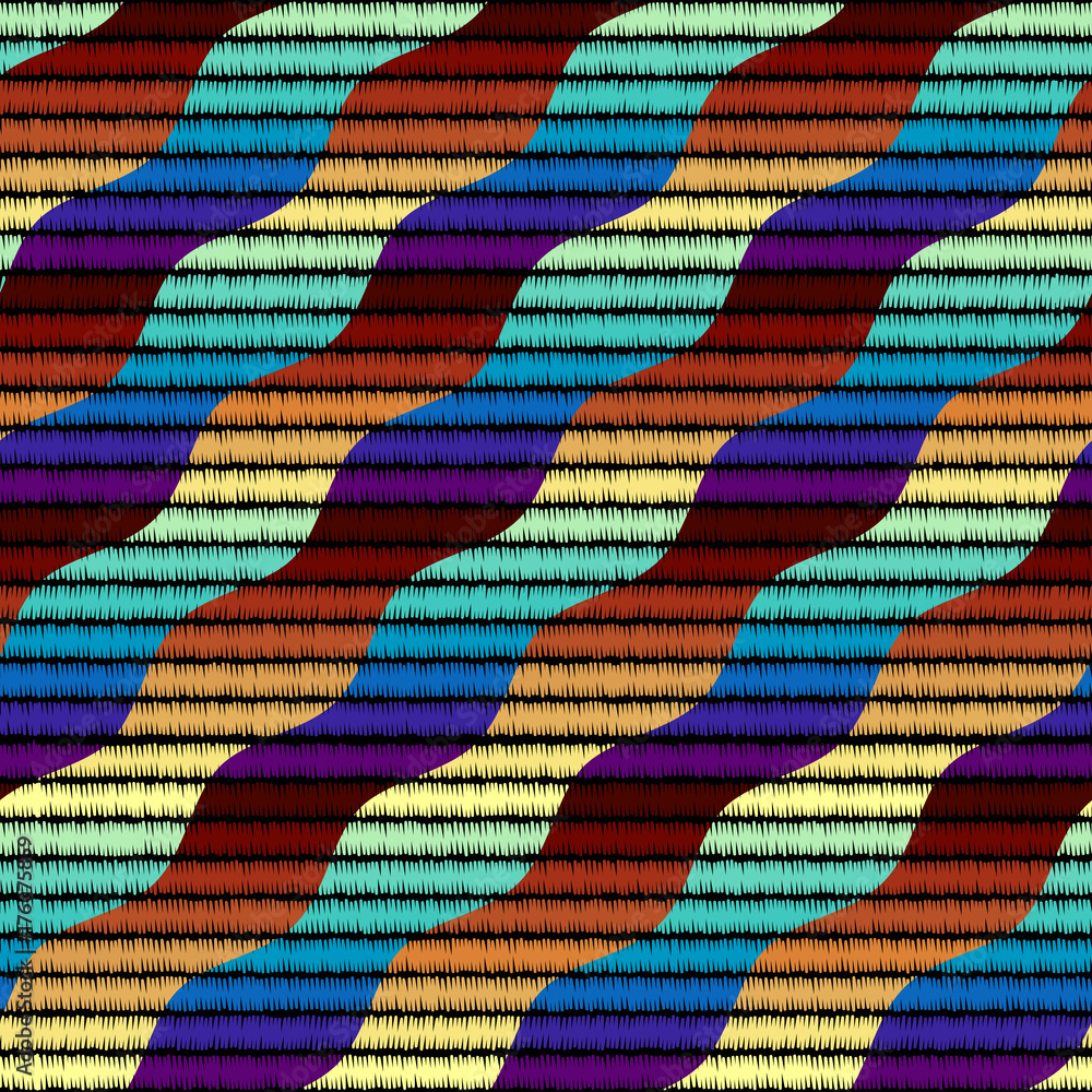 Poster Imitation of geometric embroidery pattern. Colored lines on a black background. Ethnic and tribal motifs. Seamless vector background in the bohemian style.