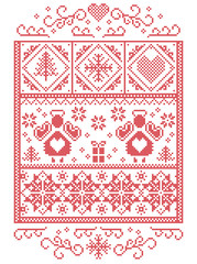 Elegant Christmas Scandinavian, Nordic style winter stitching, pattern including  Angel, snowflakes, heart, gift, star, Christmas tree, snow and decorative ornaments in white red in rectangle frame
