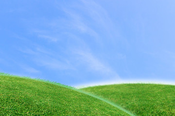 Fototapeta na wymiar Green lawn and sky background