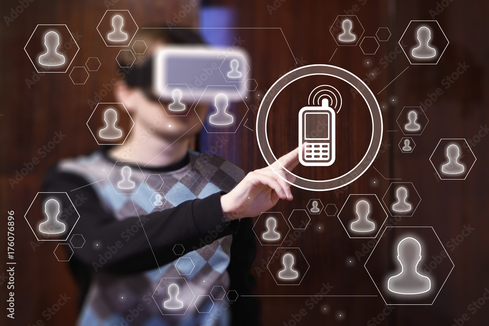 Poster businessman touch button telephone in virtual reality device web vr.