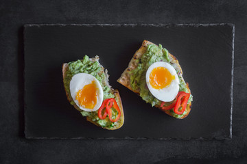 Healthy breakfast- sandwich prepared with guacamole, pepper and boiled chicken egg