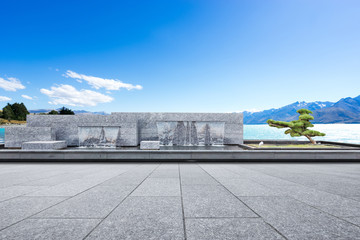 empty marble floor with decorative waterfall