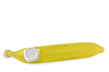 Fresh banana with a plastic lid like a packaged juice. concept of fresh fruit juice. health.