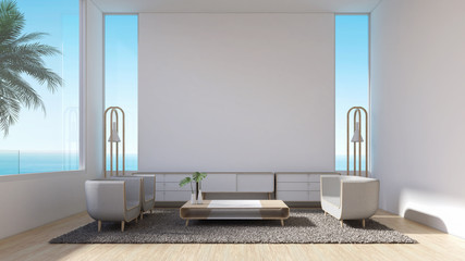 Modern interior living room wood floor with sofa manager room set sea view summer 3d rendering