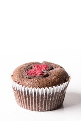 Chocolate cup cake muffin with fresh raspberry isolated on the white background with copy space