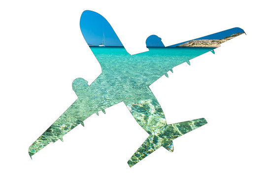 Escape to tropics. Pictures of a turquoise Caribbean sea on a silhouette of plane, isolated on white background with copy space. Side view. Tourism, travel and holidays concept.