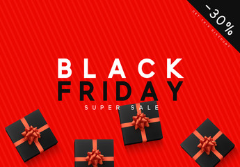 Black Friday sale, banner, poster advert. Card offert promotion design. Background black gift boxs with red bow.