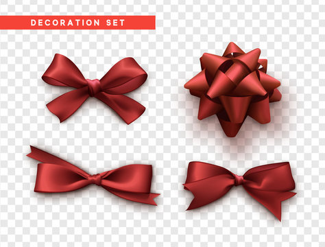 Bows red realistic design. Isolated gift bows with ribbons.
