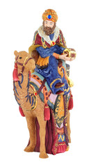 Christmas nativity King figure riding camel isolated on a white background