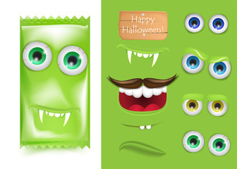 Halloween Emoji creator constructor of candy monster frankenstein. Smile and laught, vampire teeth and sad face . Trick or treat. Vector illustration for greeting card, ad, promotion, poster, flyer