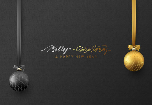 Christmas background with shining gold and black ball. Lettering Merry Christmas card vector Illustration.