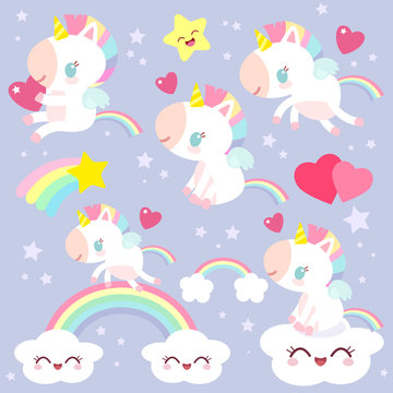 Set of magical unicorns. Children's character. Fabulous pony. © ladymishka