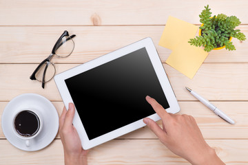 Tablet header image. Office stuff, workplace, top view