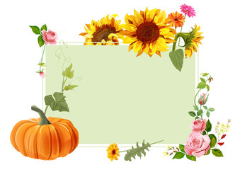 Autumn vintage frame: red roses, orange pumpkin, yellow sunflowers, gerbera daisy flower. Digital draw, illustration in watercolor style, mock-up, template, floral frame for design, vector