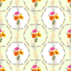 Obraz premium Vector square floral seamless pattern with bouquet of Gerbera daisy and small green twigs of Asparagus, flowers, leaves on green background, illustration for fabric, wallpaper, wrapping, vintage