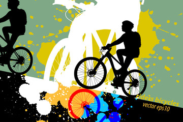 Naklejka na ściany i meble Silhouette woman ride bicycle scene vector grunge colors ink splatter abstract background