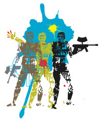 Fototapeta na wymiar Paintball team. Three grunge stylized male silhouettes of paintball players. Vector available.