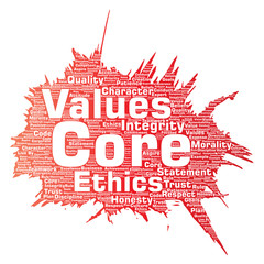 Vector conceptual core values integrity ethics paint brush concept word cloud isolated background. Collage of honesty quality trust, statement, character, perseverance, respect and trustworthy