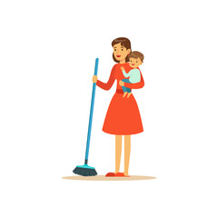 Super mom sweep the floor, character with child