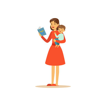 Super mom character with child, reading book