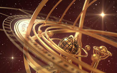 Armillary Sphere And Stars On Red Background