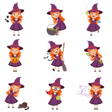 Little girl witch set wearing purple dress and hat