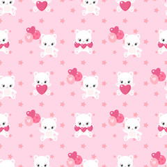 Pink pattern of cute cats for Valentine's Day. Kittens with hearts and balloons. Children's characters. © ladymishka