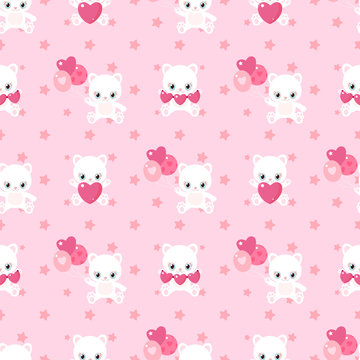 Pink pattern of cute cats for Valentine's Day. Kittens with hearts and balloons. Children's characters.