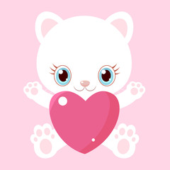 Nice white cat with big heart. Little kitty. Children's character. Valentine's Day.