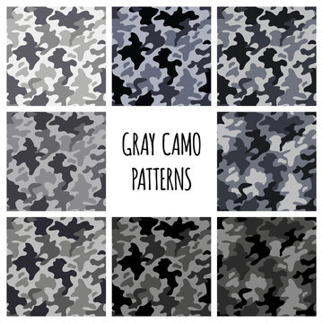 Modern Fashion Vector Trendy Gray Camo Patterns Set.