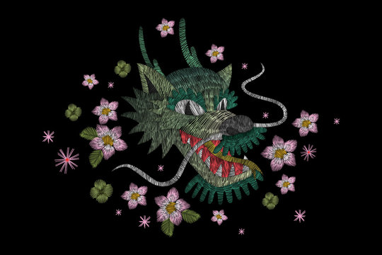 Dragon and sakura flowers. Traditional folk stylish stylish floral embroidery on the black background. Sketch for printing on fabric, clothing, bag, accessories and design. Vector, trend