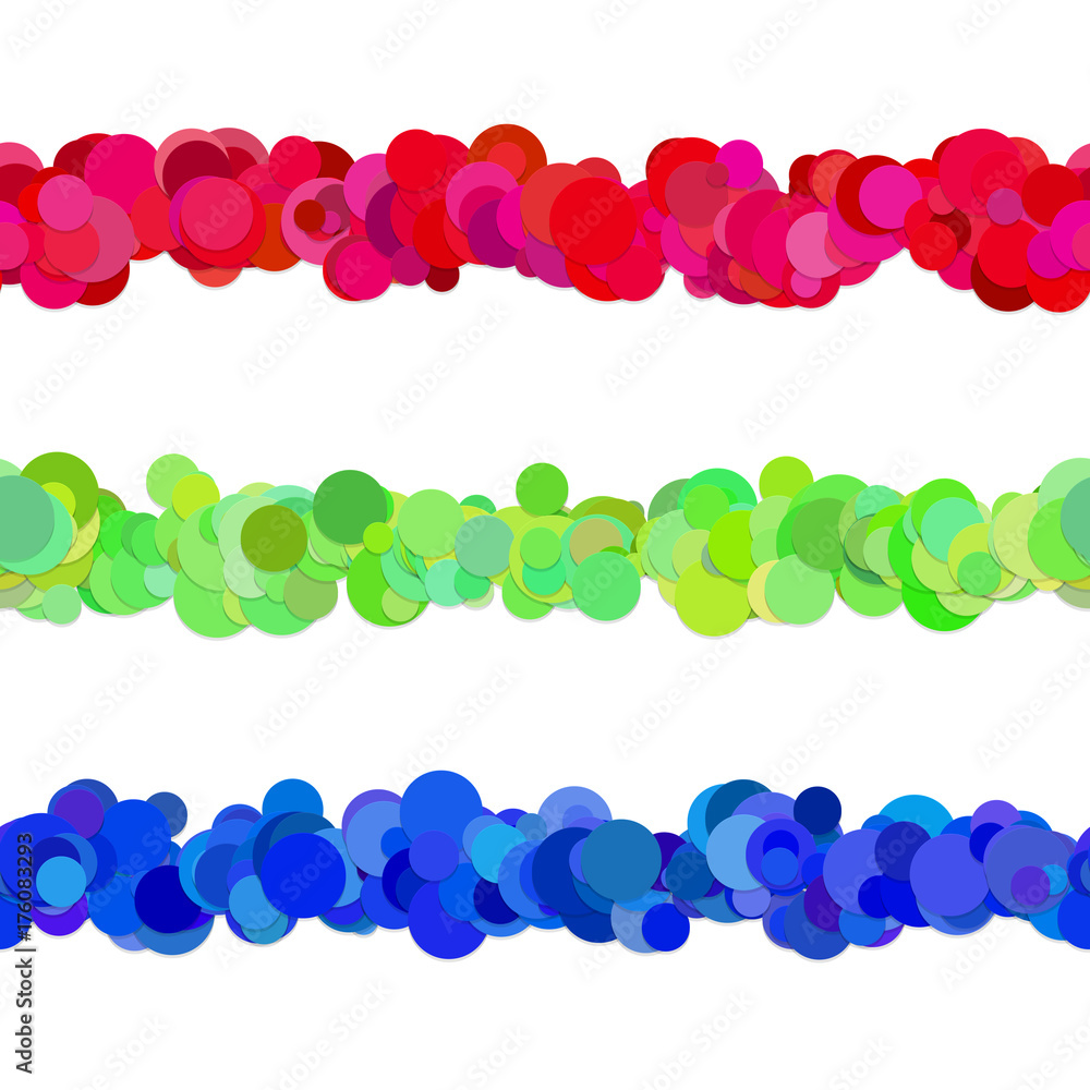 Poster chaotic dot pattern line separator design set from colored circles - vector graphic design elements 