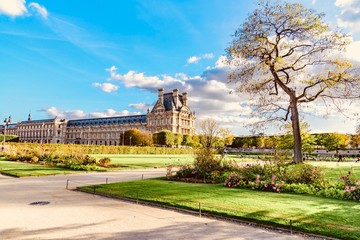 panorama in autumn of the city of Paris in France of the Gardens of the Museum of Ouvre