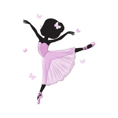Silhouette of cute little ballerina in pink dress isolated on white background.  Vector design. Print for t-shirt. Romantic hand drawing illustration for children. © Svetlana Ivanova