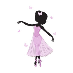 Silhouette of cute little ballerina in pink dress isolated on white background.  Vector design. Print for t-shirt. Romantic hand drawing illustration for children.
