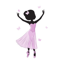 Silhouette of cute little ballerina in pink dress isolated on white background.  Vector design. Print for t-shirt. Romantic hand drawing illustration for children.