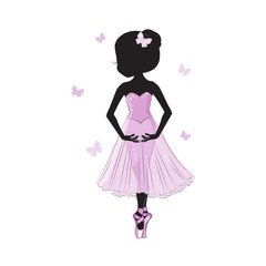 Silhouette of cute little ballerina in pink dress isolated on white background.  Vector design. Print for t-shirt. Romantic hand drawing illustration for children.
