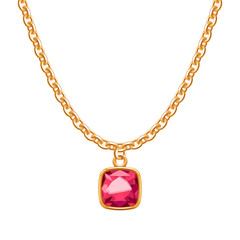 Golden chain necklace with ruby gemstone pendant.