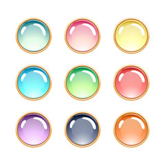 Colorful glass pendants in golden rim vector illustration.
