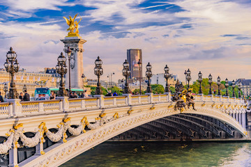 River Senna with autumn bridge in Paris France