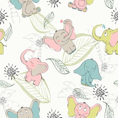 Obraz premium Vector seamless pattern with elephant and plants