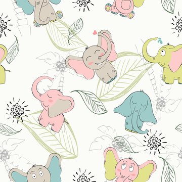 Vector seamless pattern with elephant and plants
