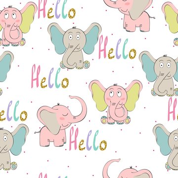 Vector cute seamless pattern with cartoon elephants