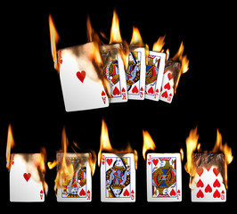 Real Burning Playing Cards with red hot Flames Isolated on Black Background: Royal Flush