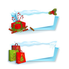 vector cartoon white, blue winter empty banner templates wit snow caps, icicles and christmas new year holidays symbols - paper shopping bags, present boxes set. Illustration on grey background.