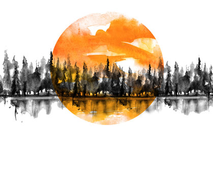 Seamless Pattern. Watercolor landscape, black silhouette of trees.spruce, pine, cedar. Forest landscape, reflection of trees in a river, lake. Orange sun, sunset, sky. Vintage drawing, border.