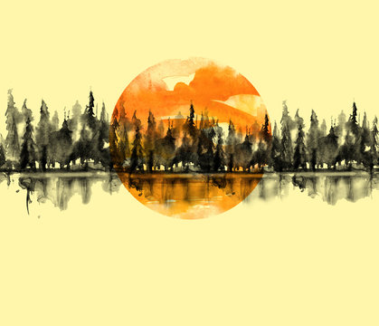 Seamless Pattern. Watercolor landscape, black silhouette of trees.spruce, pine, cedar. Forest landscape, reflection of trees in a river, lake. Orange sun, sunset, sky. Vintage drawing, border.