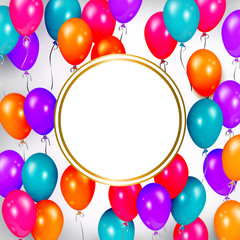 Square banner, poster design with shiny balloons and empty round space for text, realistic vector illustration. Square party banner, poster design with shiny balloons tied and round space for text