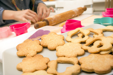 little girl makes a cookie in the kitchen